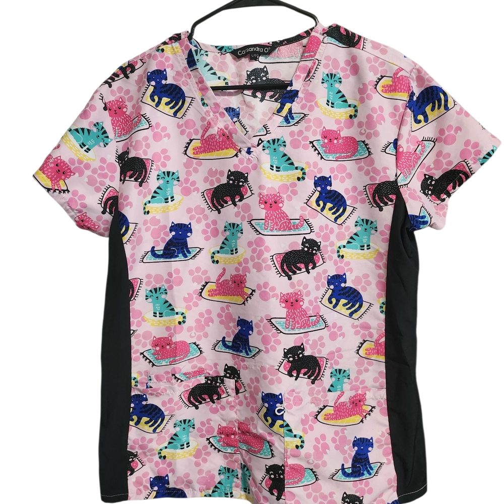 Cherokee Pink Cat Print Scrub Top
